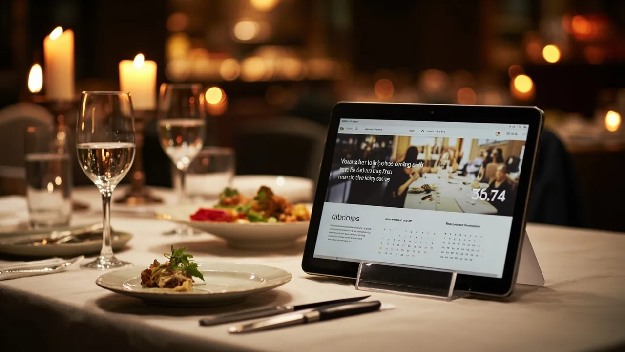 Tablet auf einem Leinentisch zeigt eine Restaurant-Website mit Reservierungskalender in warmem Abendlicht